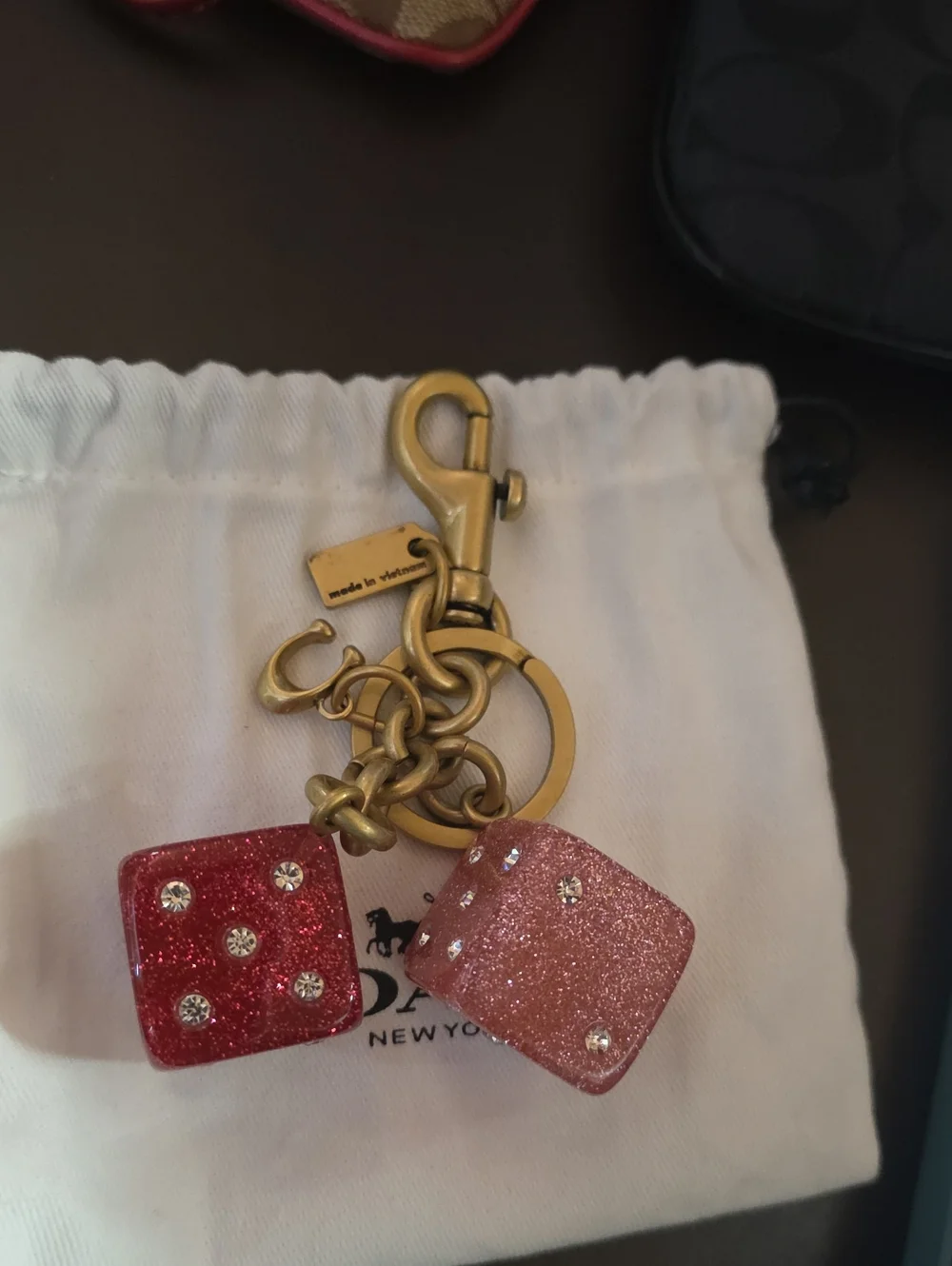 Coach Sparkling Large Glitter Dice Bag Charm W/ Dig Clip Euc with Dusty